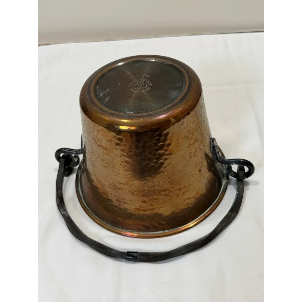 Hammered copper pot with a wrought iron handle, made by Stockli Netstal. VINTAGE